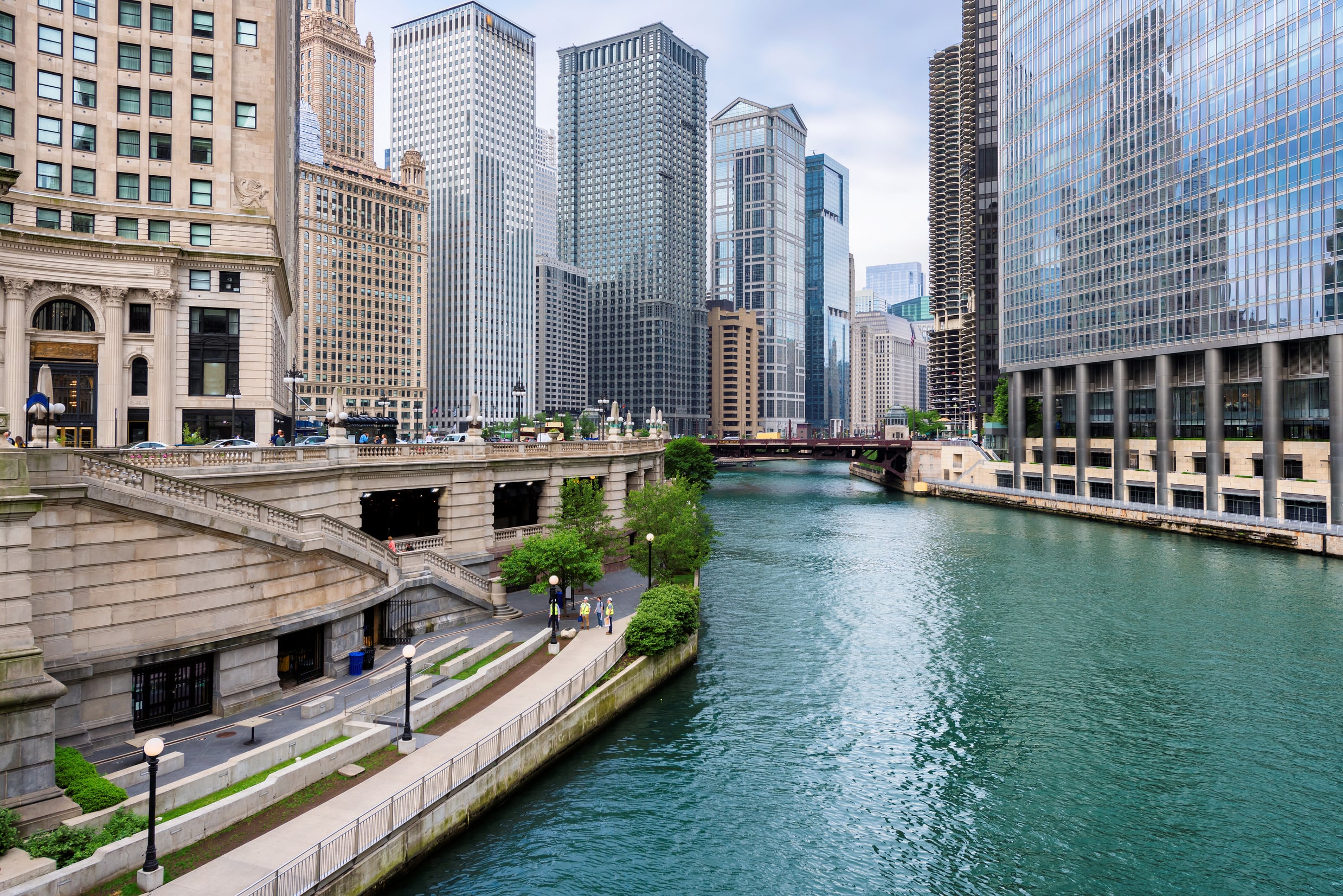 Chicago Urban skyline and the Chicago River, Illinois USA